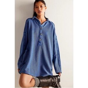 Free People Blue Oversized Wilder Polo Henley Tunic Dress Raw Hem Pockets M